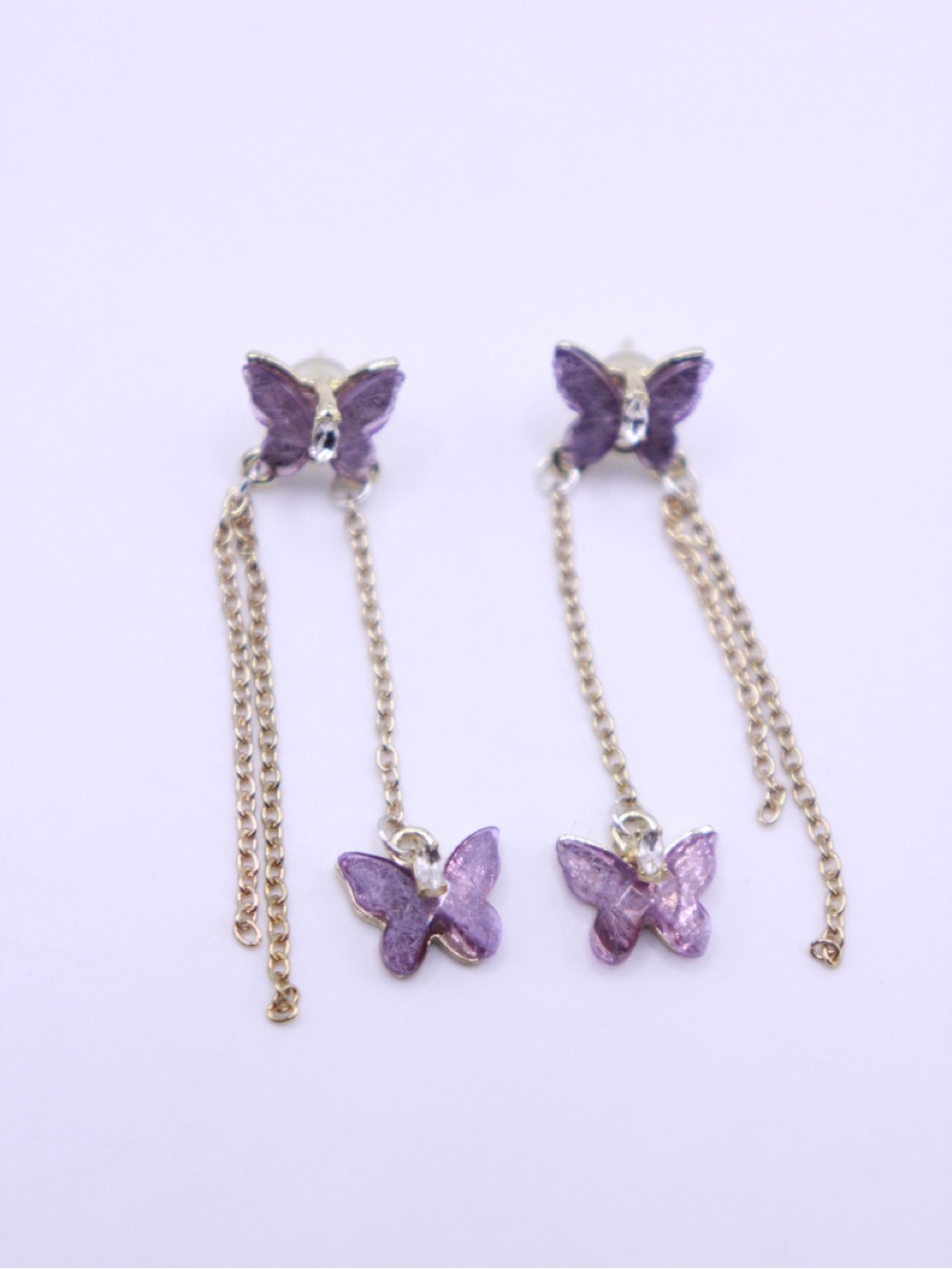 Rooster Joe’s Upcycled Purple Butterfly Drop Earrings with Gold tone Chains
